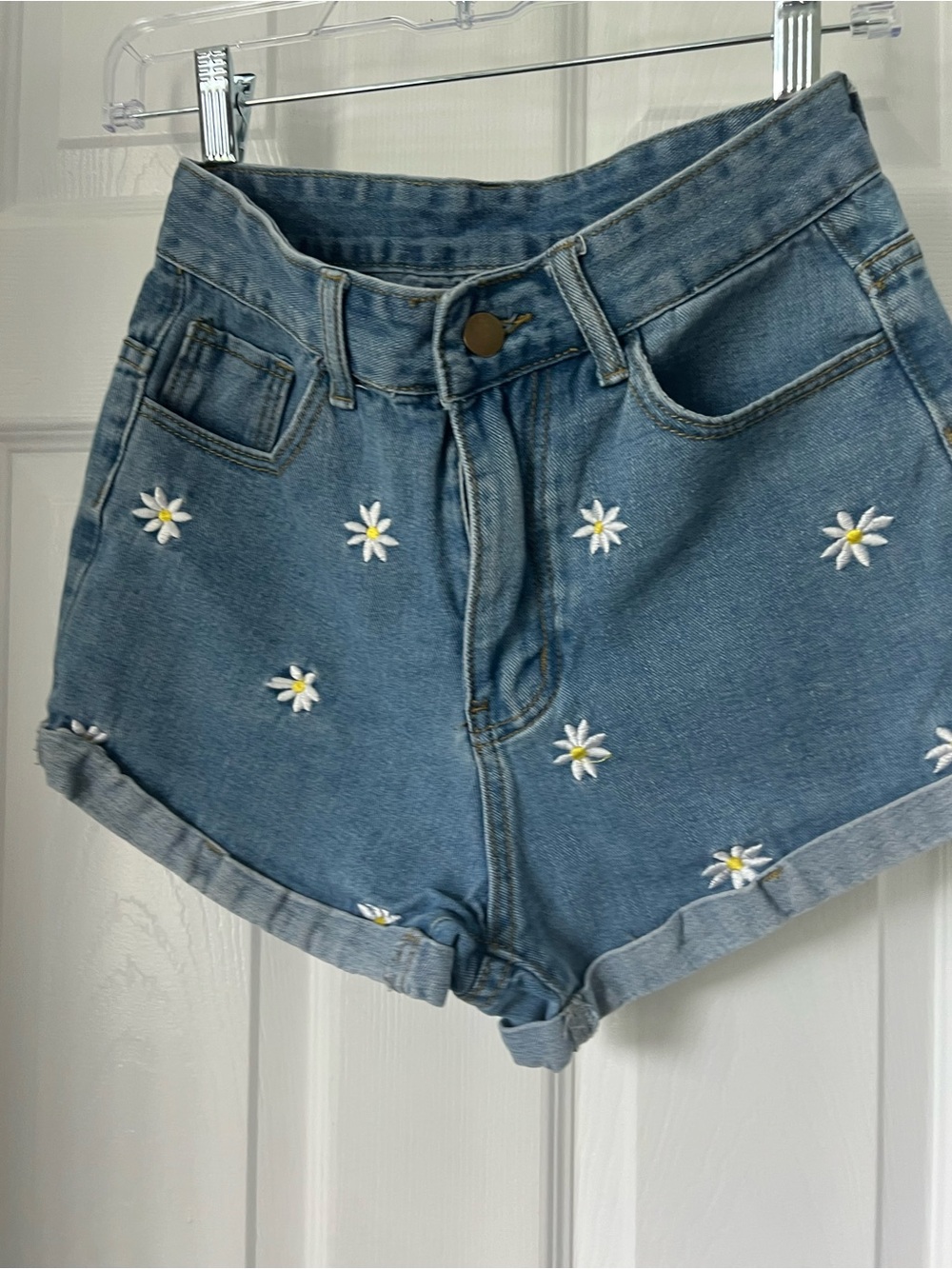 Light Blue Daisy Embroidered Denim Shorts